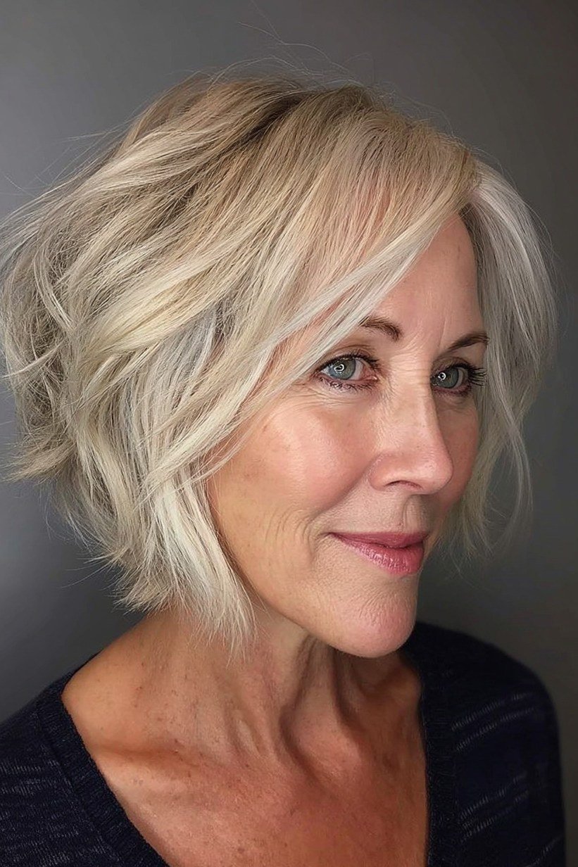 silver textured bob tousled side part - textured bob haircut idea for women over 60