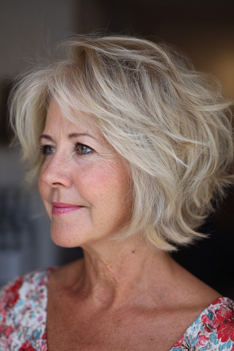 grey wavy textured bob soft volume - textured bob haircut idea for women over 60