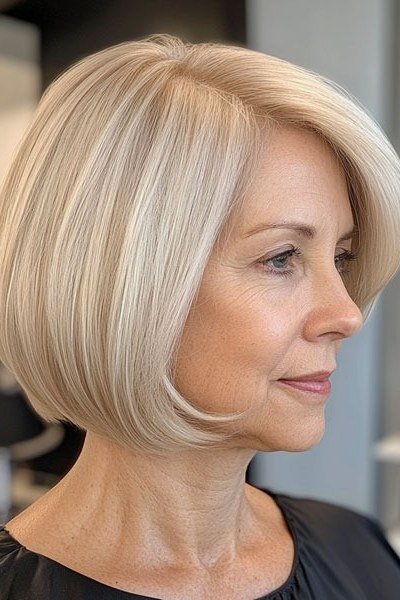 platinum textured bob sleek side part - textured bob haircut idea for women over 60
