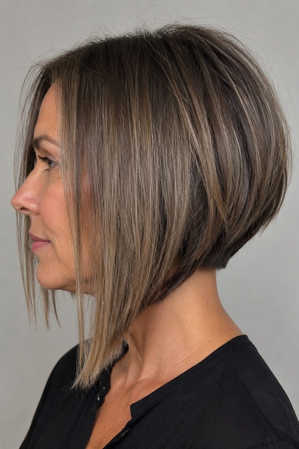 Layered bob haircut for thin fine hair over 50, side view, brunette inverted bob with soft layers