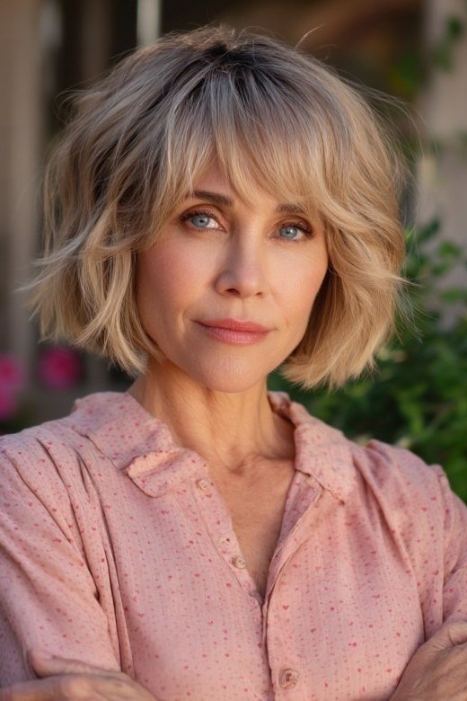 Layered bob haircut for thin fine hair over 50, front view, shaggy blonde layered bob with bangs