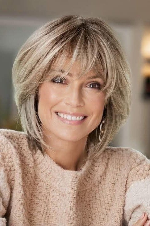 Layered bob haircut for thin fine hair over 50, front view, silver-blonde layered bob with bangs on a smiling older woman.