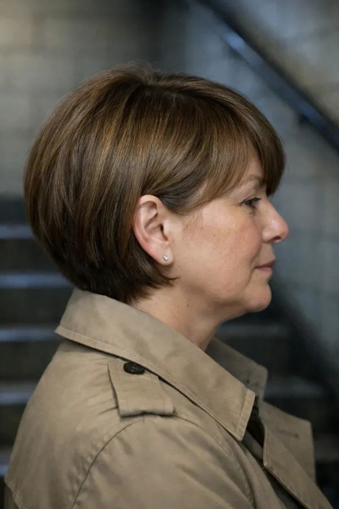 Layered bob haircut for thin fine hair over 50, side view, chestnut-brown layered bob