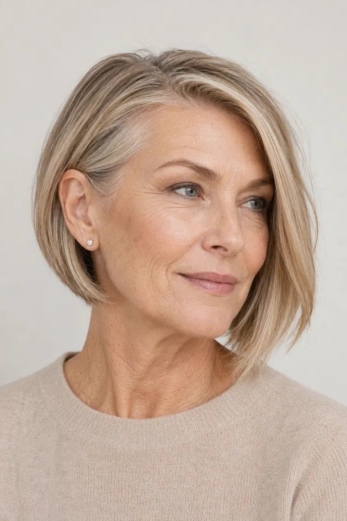 Layered bob haircut for thin fine hair over 50, three-quarter view, silver-blonde sleek bob