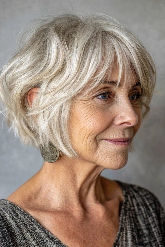 Layered bob haircut for thin fine hair over 50, side view, white layered bob with texture