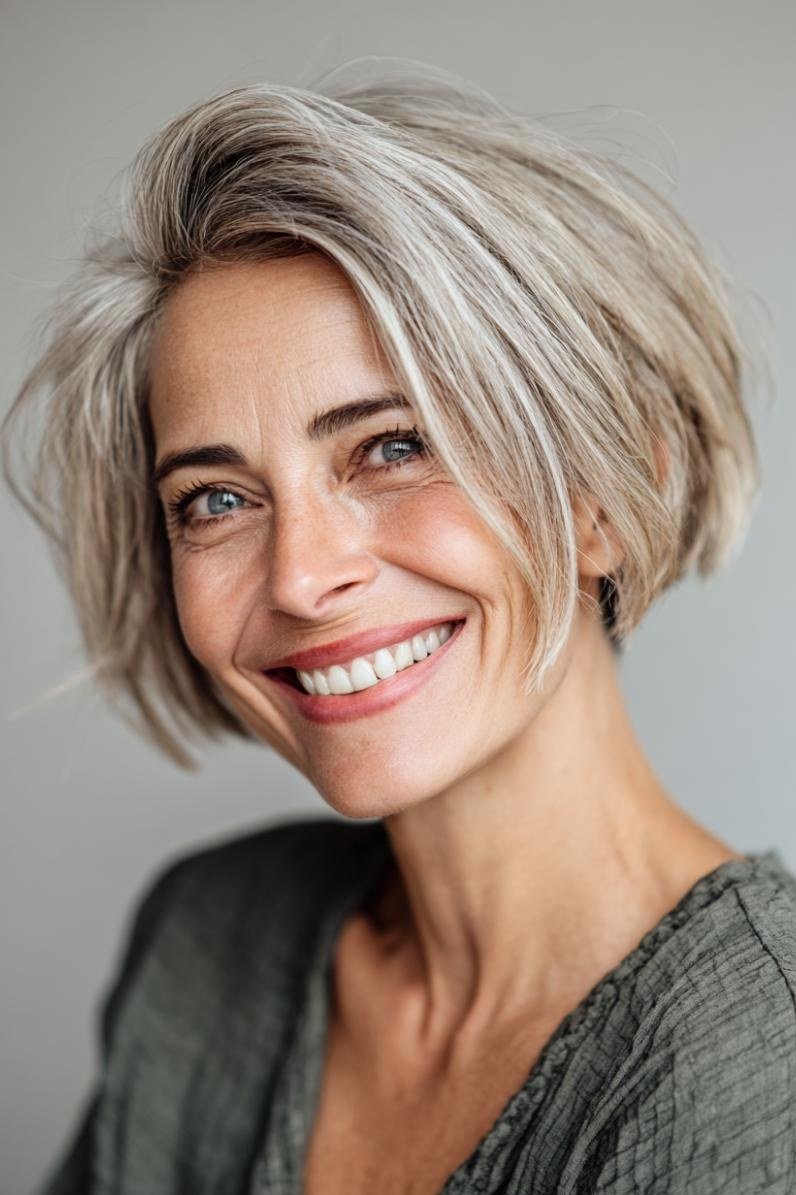 Layered bob haircut for thin fine hair over 50, three-quarter view, silver layered bob on a smiling older woman.