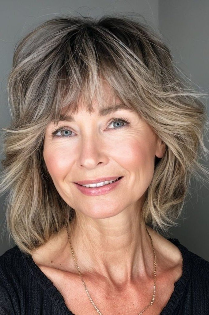 Layered bob haircut for thin fine hair over 50, front view, ash-blonde layered bob with bangs