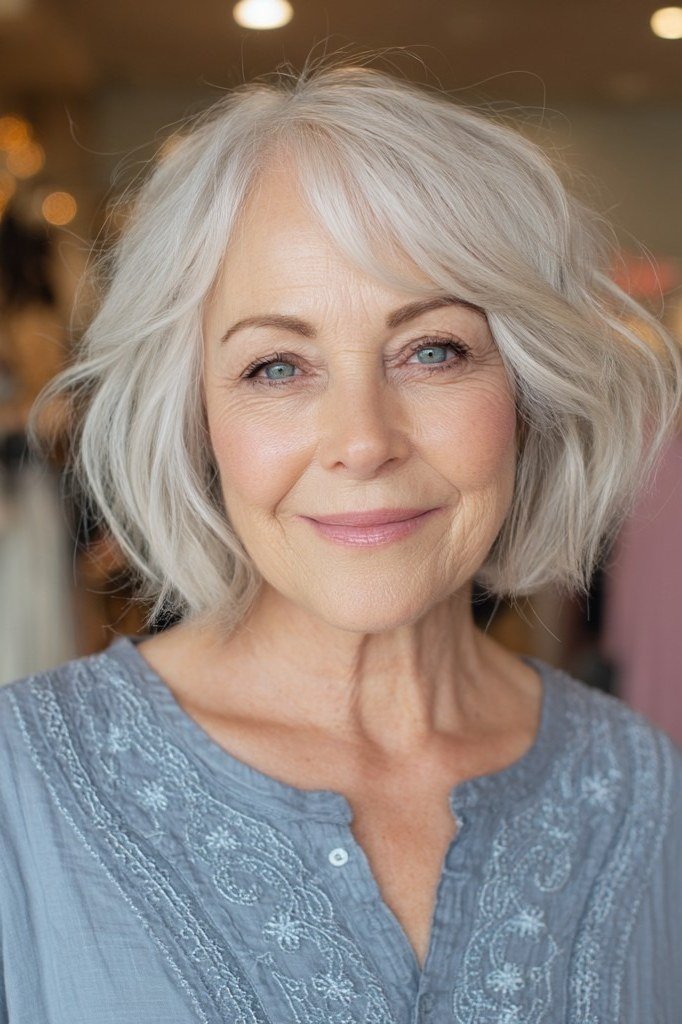 Layered bob haircut for thin fine hair over 50, front view, silver shaggy layered bob
