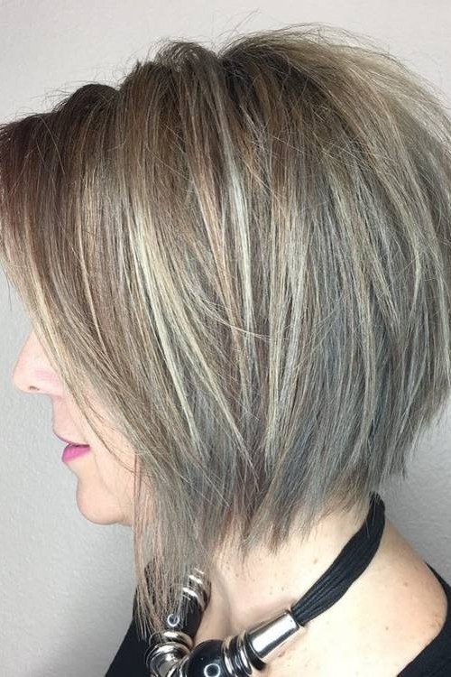 Layered bob haircut for thin fine hair over 50, side view, silver inverted bob