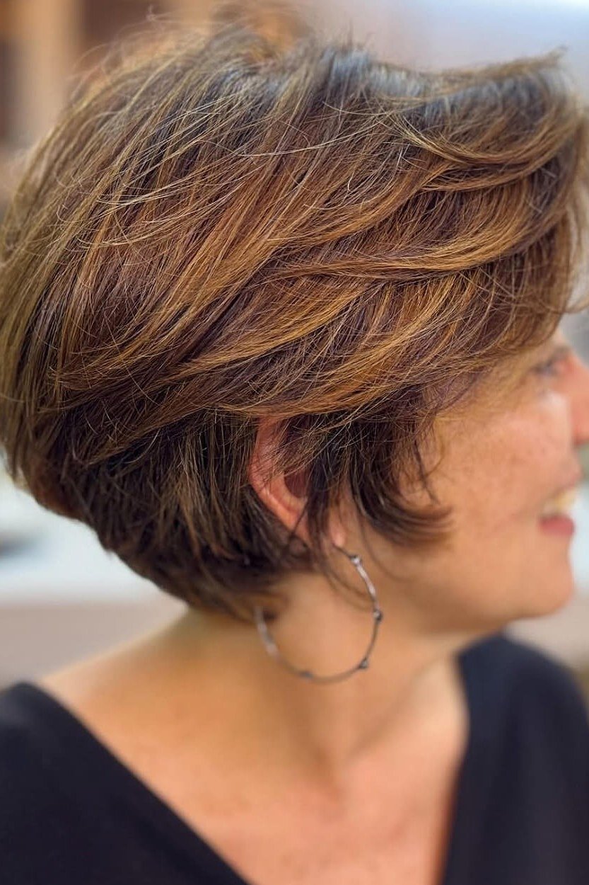 Layered bob haircut for thin fine hair over 50, side view, copper layered bob with texture