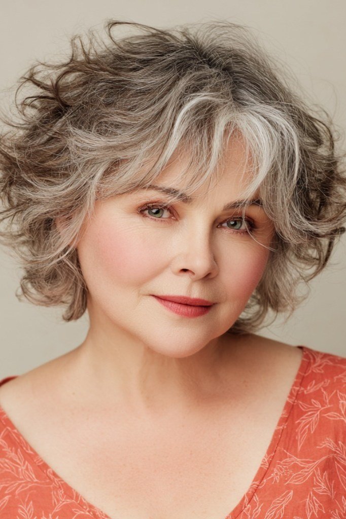 Layered bob haircut for thin fine hair over 50, front view, curly gray layered bob