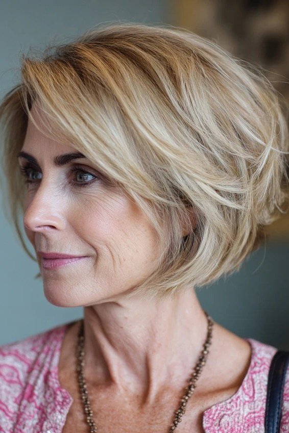Layered bob haircut for thin fine hair over 50, three-quarter view, blonde feathered layered bob