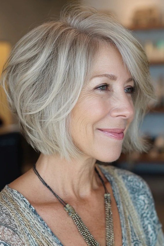 Layered bob haircut for thin fine hair over 50, side view, white layered bob