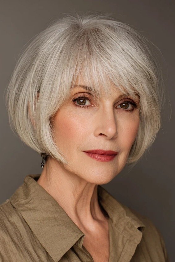 Layered bob haircut for thin fine hair over 50, front view, white bob with bangs