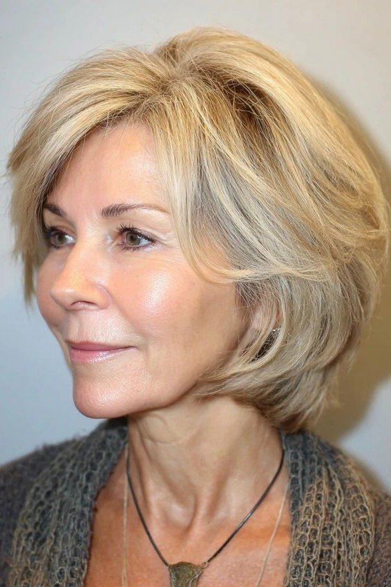 Layered bob haircut for thin fine hair over 50, three-quarter view, blonde feathered layered bob