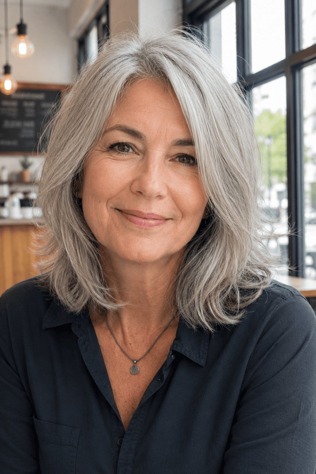 Layered bob haircut for thin fine hair over 50, front view, silver layered bob