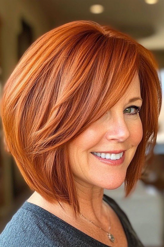 Layered bob haircut for thin fine hair over 50, three-quarter view, copper layered bob
