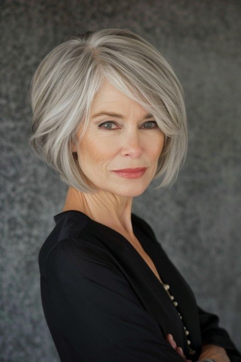 Layered bob haircut for thin fine hair over 50, three-quarter view, silver layered bob