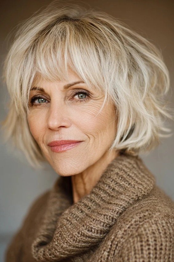 Layered bob haircut for thin fine hair over 50, front view, blonde bob with bangs