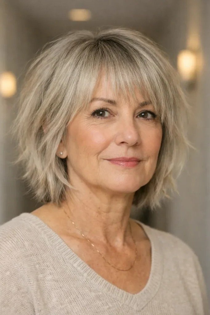 Layered bob haircut for thin fine hair over 50, front view, ash-blonde layered bob