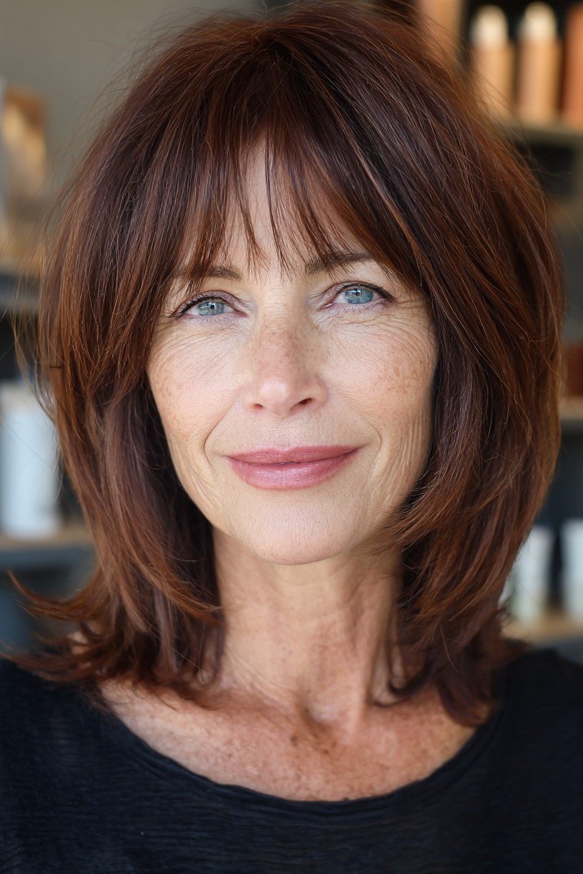 Layered bob haircut for thin fine hair over 50, front view, auburn layered bob
