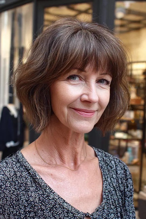Layered bob haircut for thin fine hair over 50, front view, brown layered bob