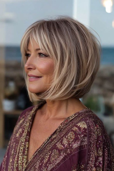 Layered bob haircut for thin fine hair over 50, side view, ash-blonde layered bob