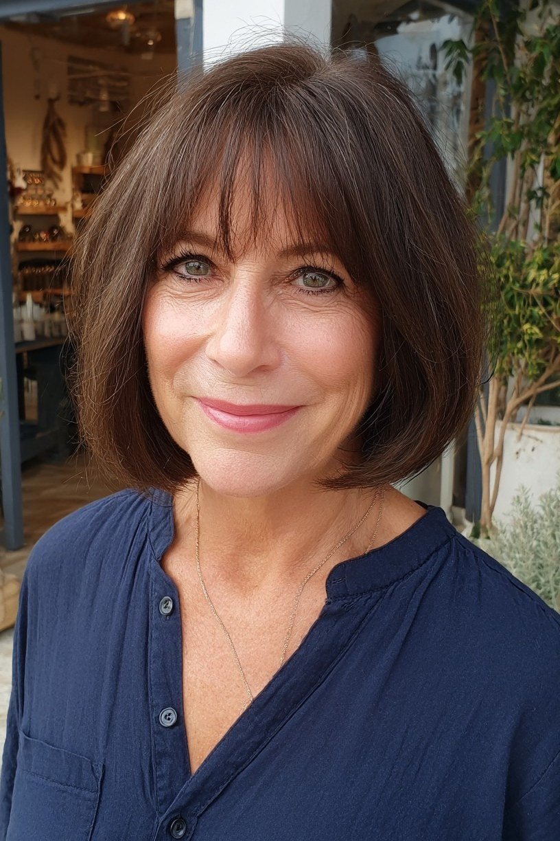 Layered bob haircut for thin fine hair over 50, front view, brown layered bob