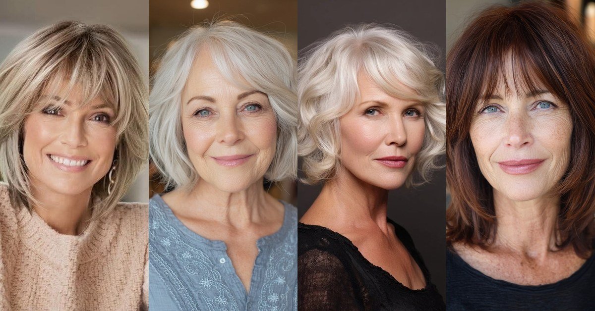 Collage of layered bob haircuts for thin fine hair over 50, featuring silver, blonde and brunette styles
