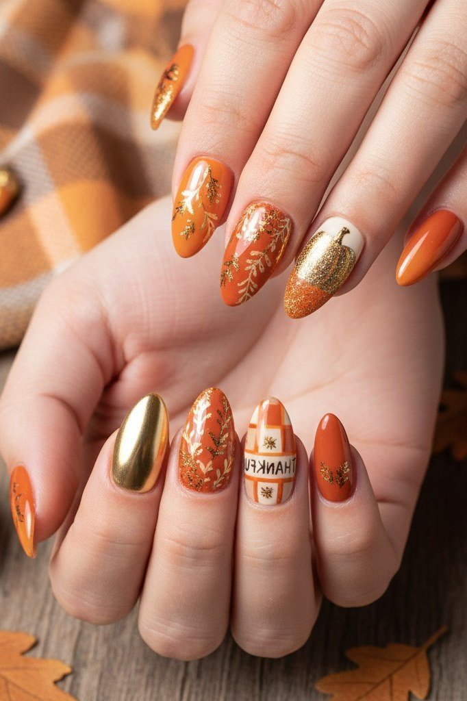 Burnt orange glitter nails with pumpkin and plaid accents