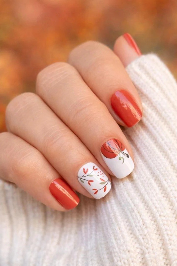 Cranberry red nails with delicate fall leaf nail art