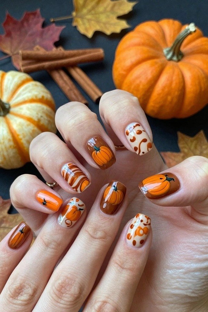 Pumpkin and cinnamon swirl nail art for fall