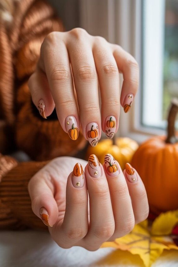 Tiny pumpkin nail art on short nude nails