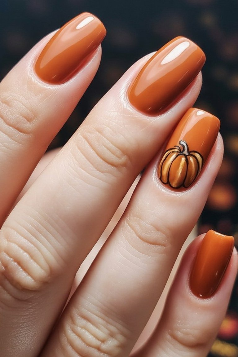 Glossy pumpkin orange nails with painted pumpkin accent