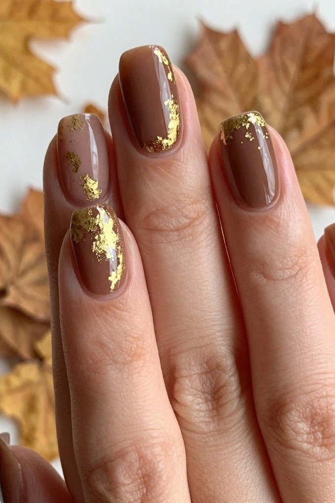 Chocolate brown nails with gold foil tips