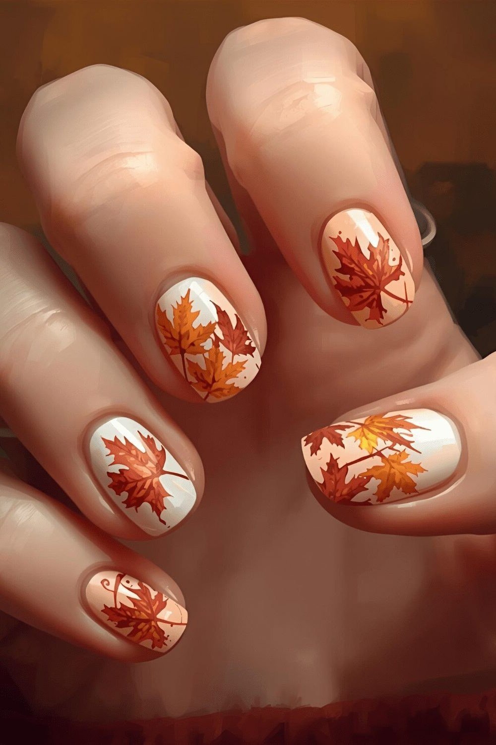 Maple leaf nail art on short nude nails
