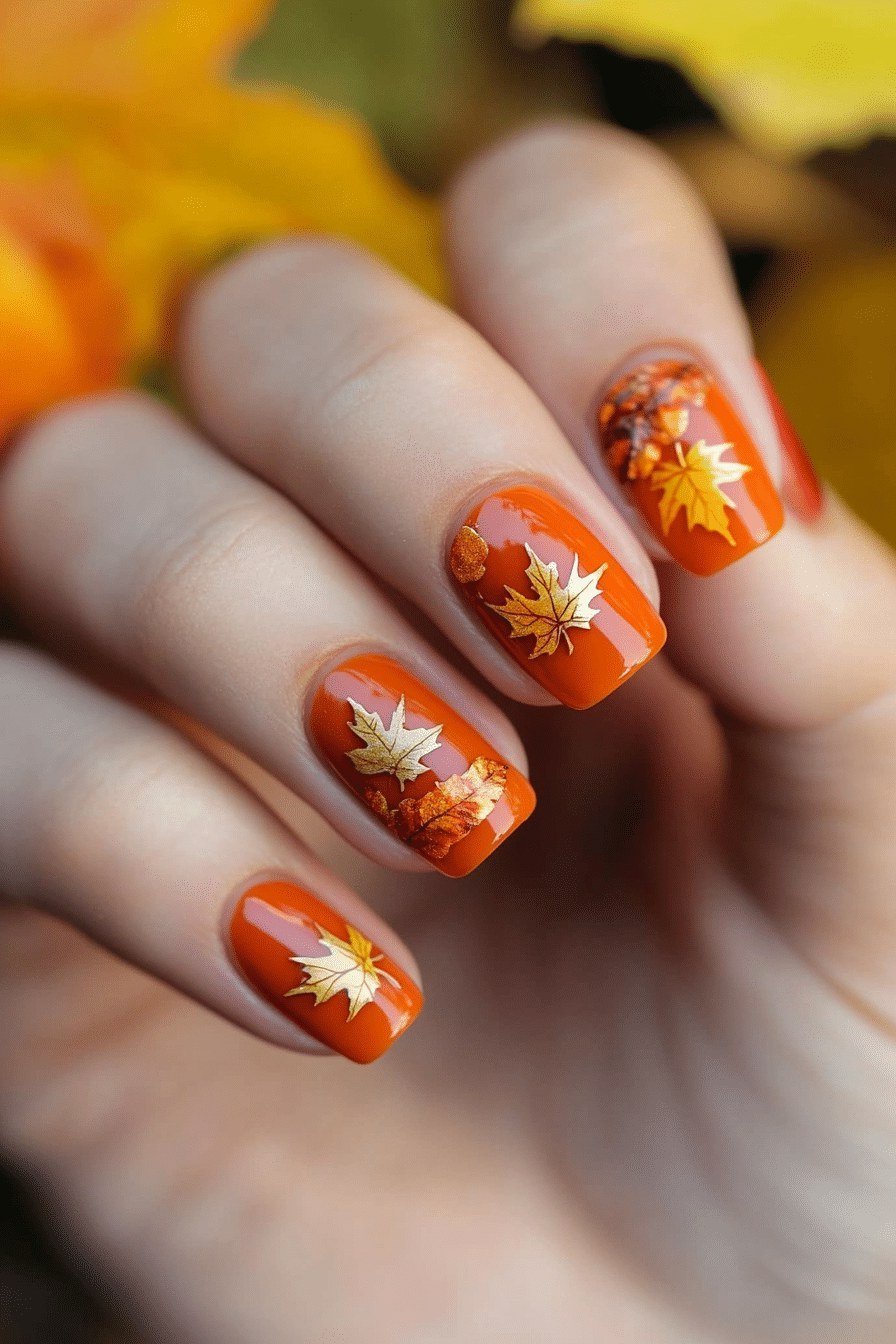 Bright orange nails with maple leaf art
