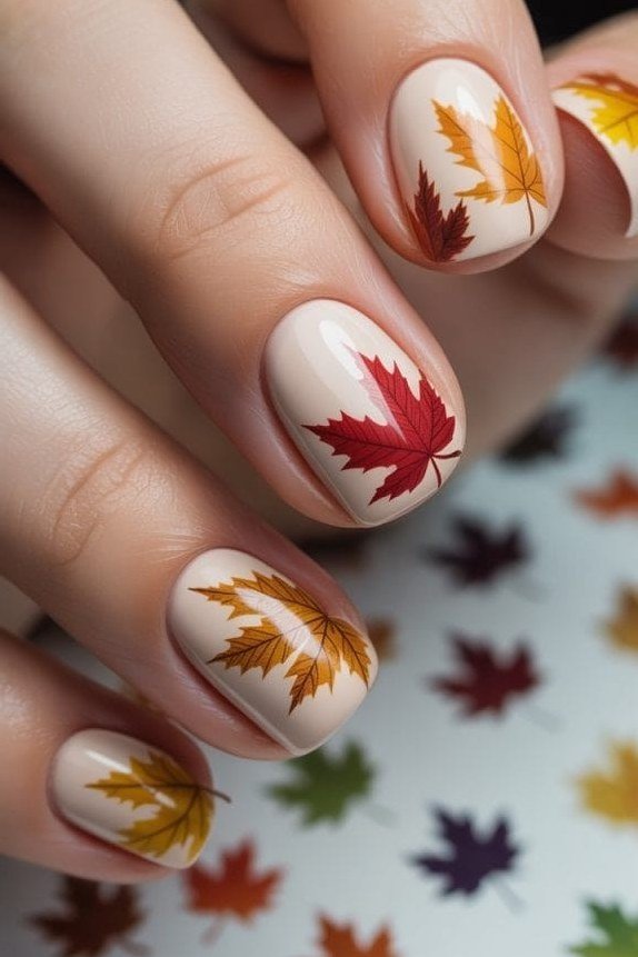 Maple leaf nail art on white nails