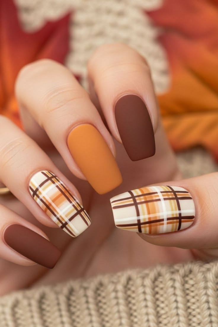 Matte brown and pumpkin plaid nail art