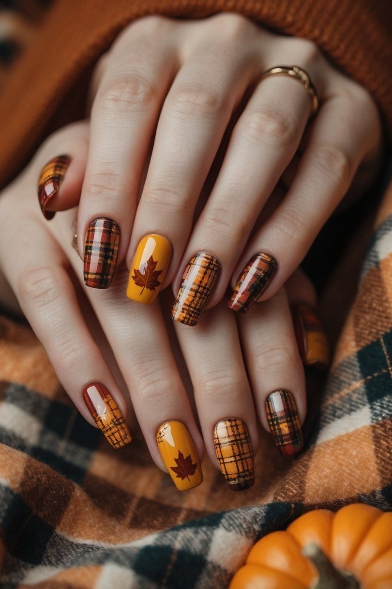 Orange and brown plaid nails with maple leaf accent