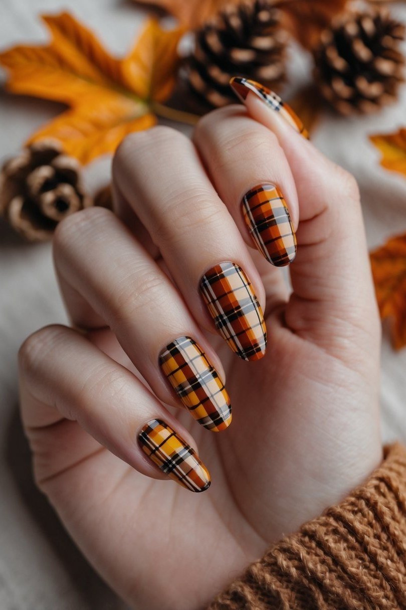 Orange plaid nails with pinecone styling