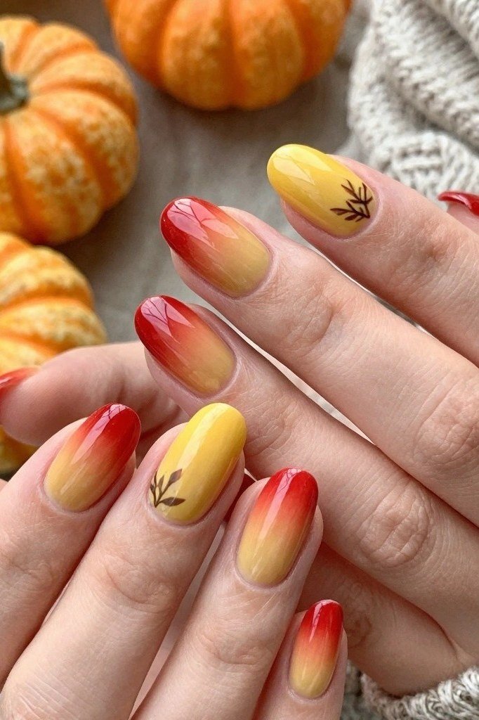 Sunset ombre nails with delicate leaf line art