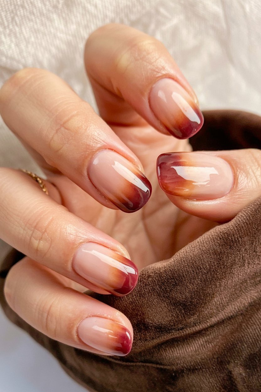 Burgundy ombre French manicure on short nails