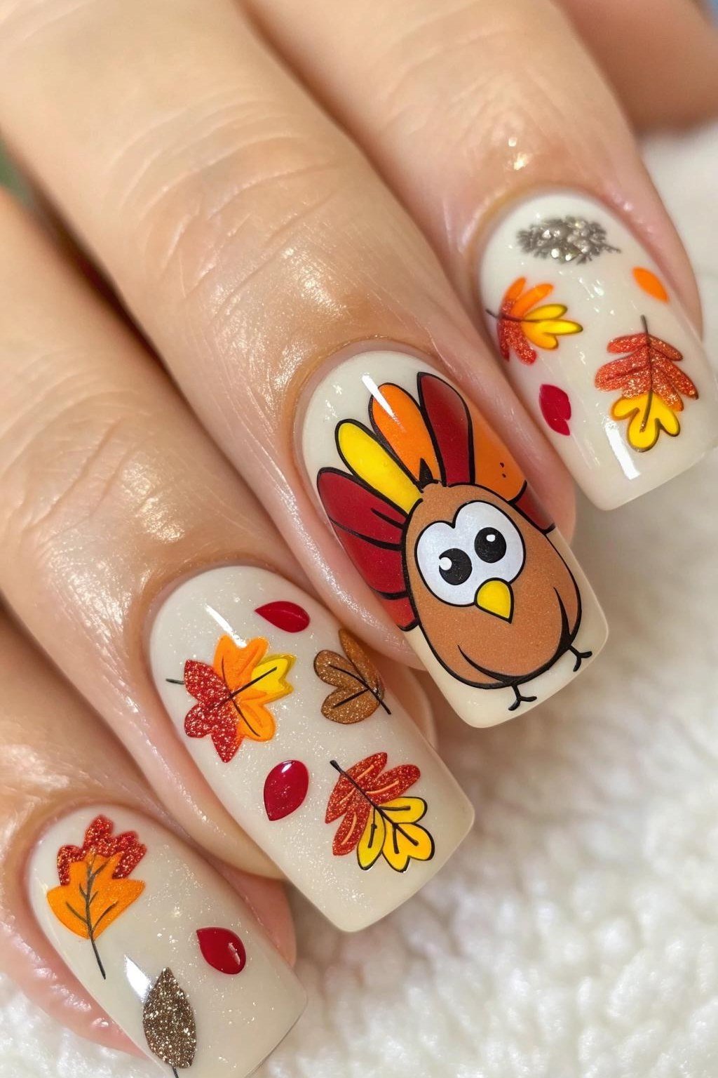 Cheerful cartoon turkey nail art with fall leaves on nude nails