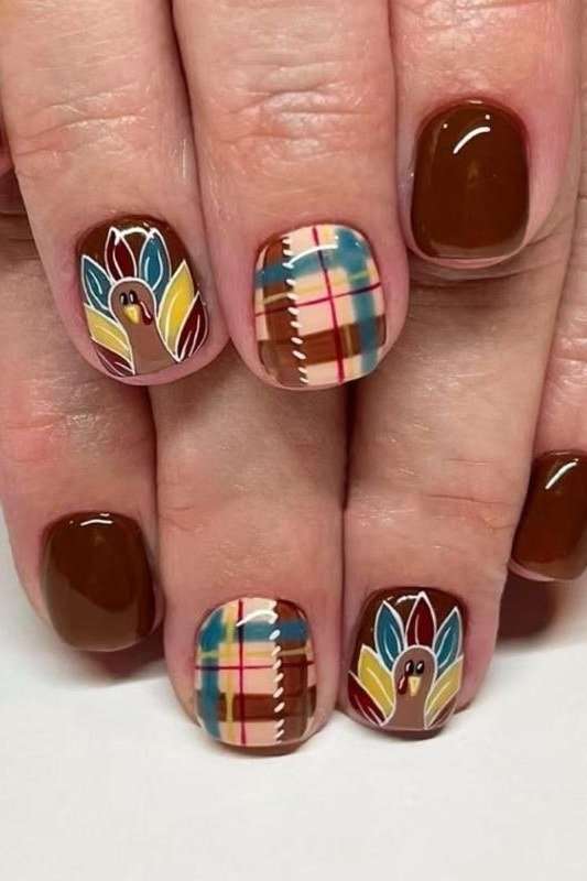Chocolate brown nails with plaid and turkey feather art