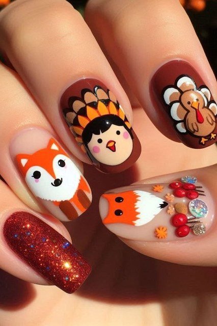 Turkey pilgrim girl and fox nail art on burgundy nails