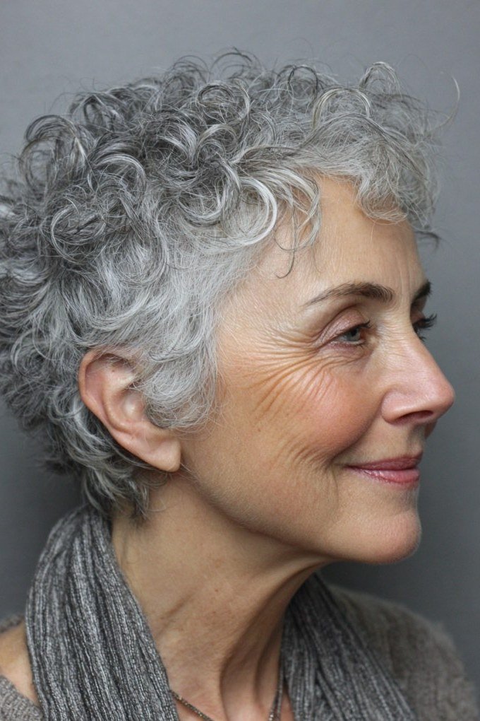 Grey Curly Crop, Neat and Rounded short haircut for women over 60 with thin curly hair