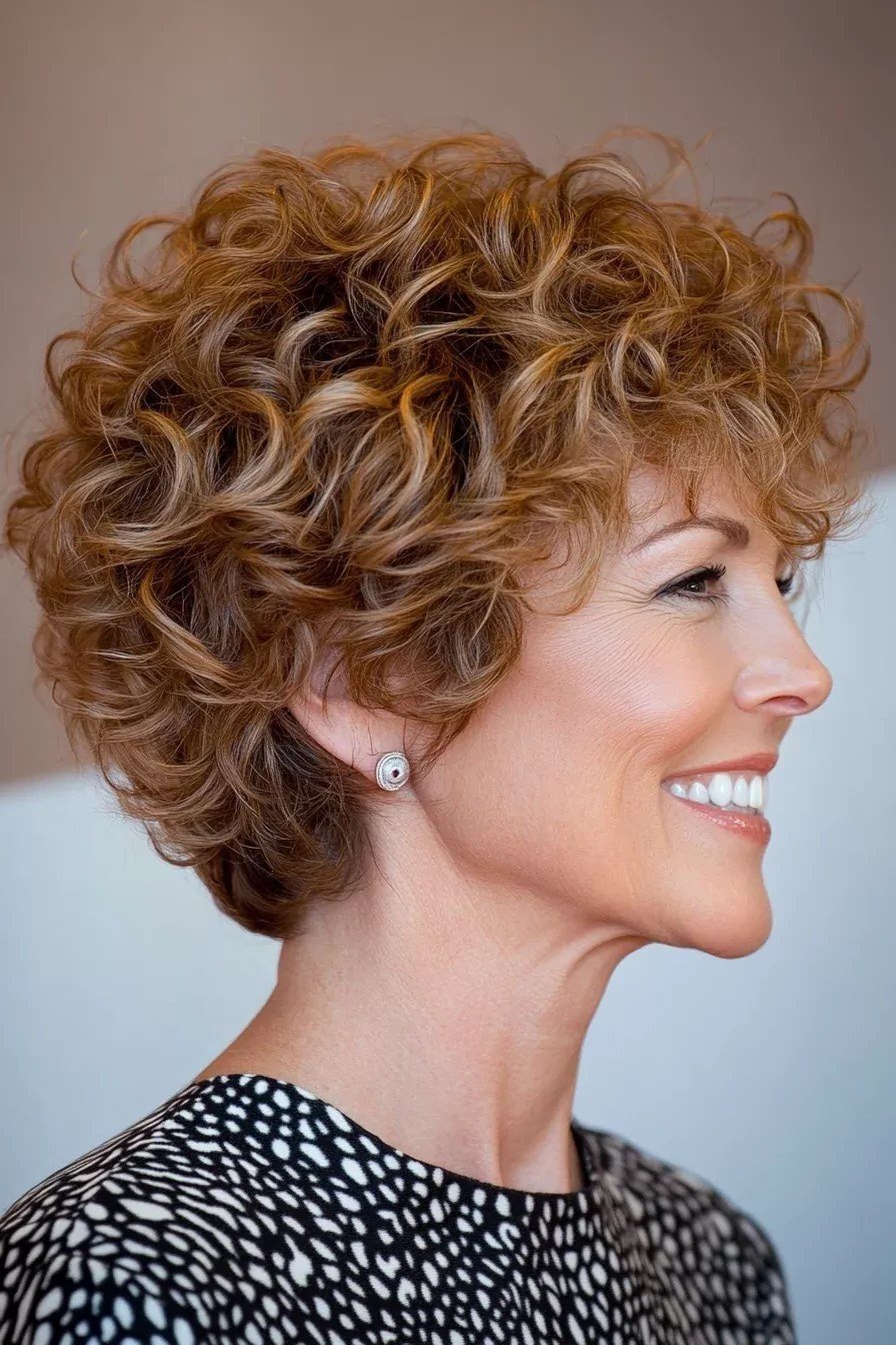 Auburn Curly Bob with Rich Color short haircut for women over 60 with thin curly hair