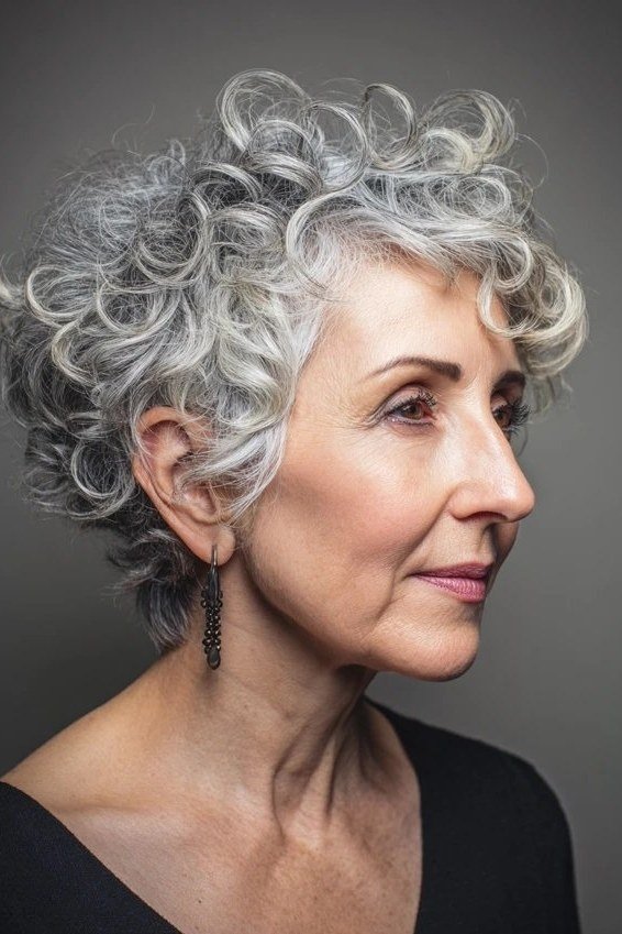 Silver Curly Crop with Crown Fullness short haircut for women over 60 with thin curly hair