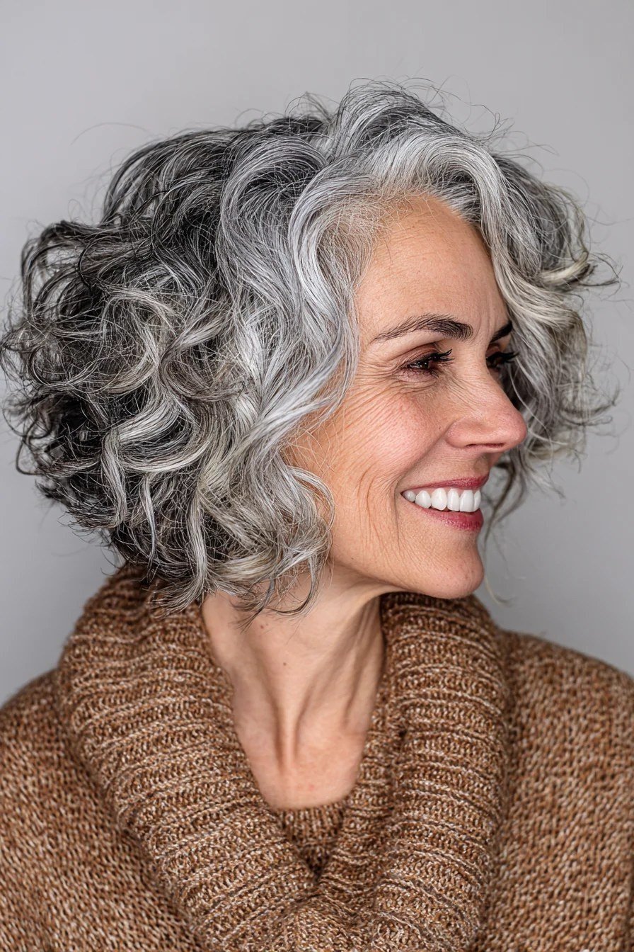 Grey Curly Bob with a Happy Glow short haircut for women over 60 with thin curly hair